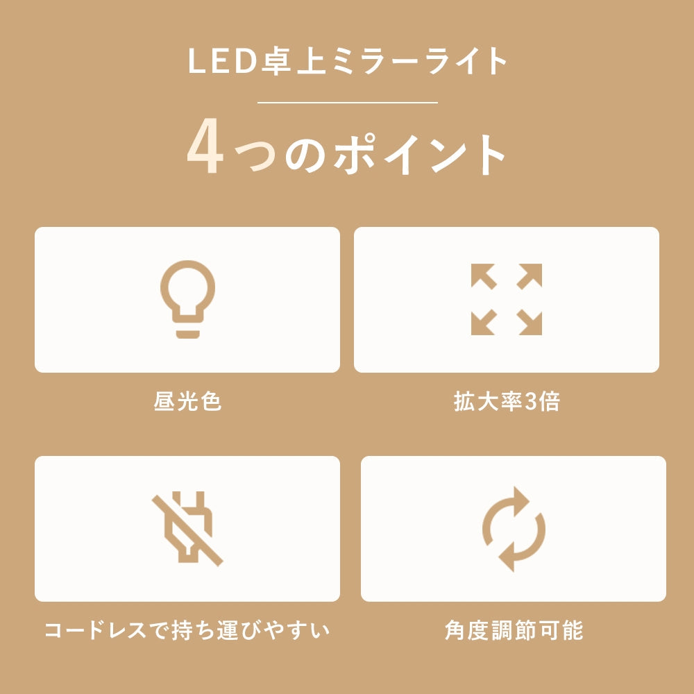 コードレス ライト付き鏡 LEDミラースタンド(屋内用・非防水）GST014