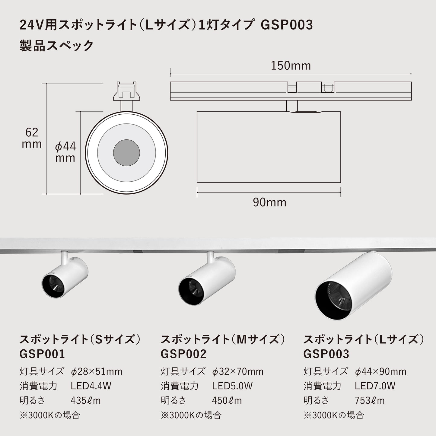 24V用スポットライト  (Lサイズ) ミディアム配光 GSP003D白 黒