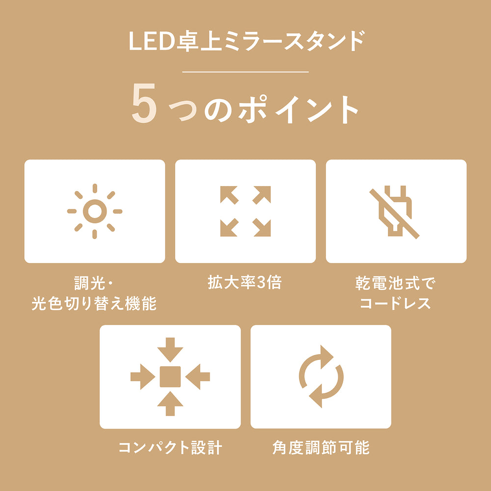 
                      
                        調色・光色切り替えLEDミラースタンド (屋内用・非防水) GST015 コードレス 拡大鏡 3倍【梱包80サイズ】
                      
                    